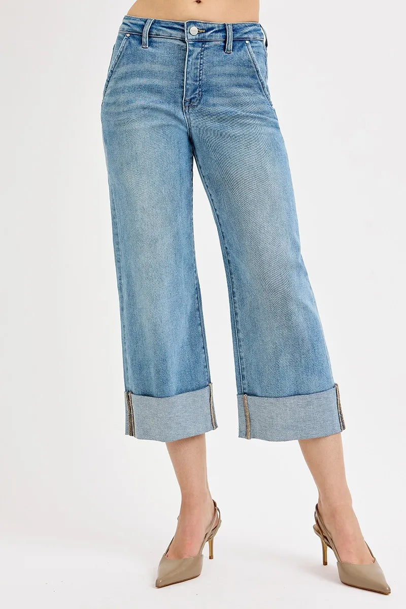 Medium Risen Full Size Tummy Control High Rise Ankle Wide Cuffed Jeans Plus Size