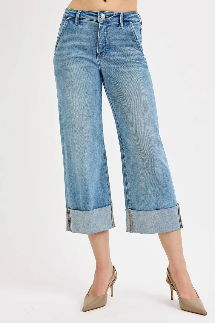 Medium Risen Full Size Tummy Control High Rise Ankle Wide Cuffed Jeans Plus Size