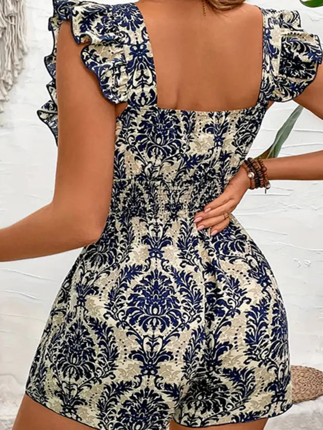 Camel Ruffled Printed Square Neck Romper