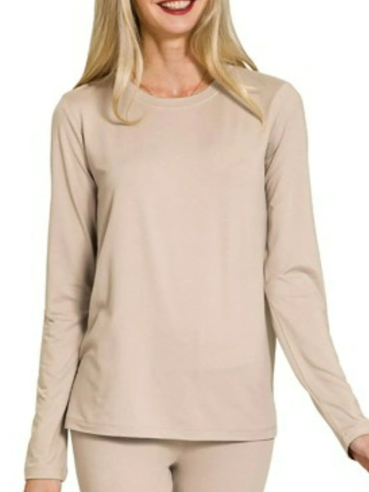 Ash Mocha Zenana Microfiber Round Neck Top And Leggings Set 1