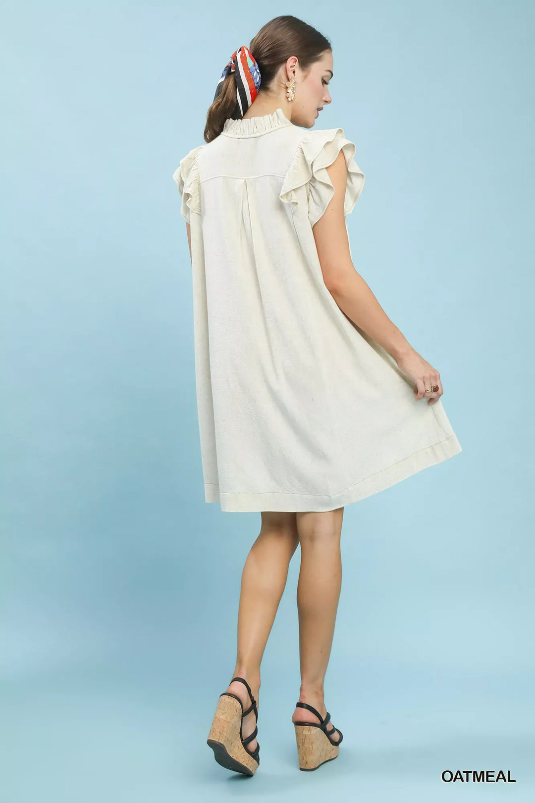 Oatmeal Umgee Linen Flutter Sleeve Shift Dress With Pockets