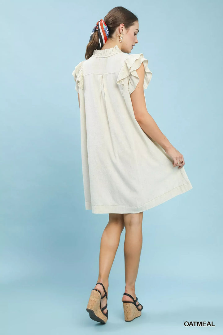Oatmeal Umgee Linen Flutter Sleeve Shift Dress With Pockets