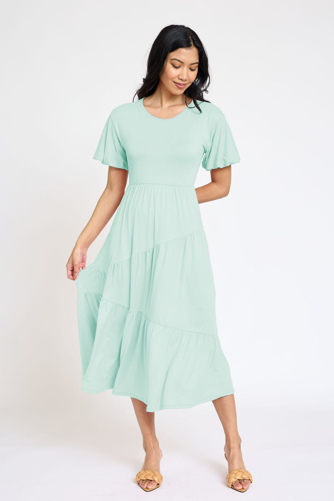 Burgundy Solid Diagonal Tiered Flowy Dress