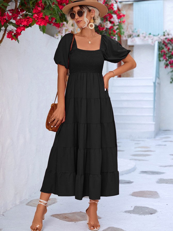 Women Short Sleeve A Line Smock Maxi Dress