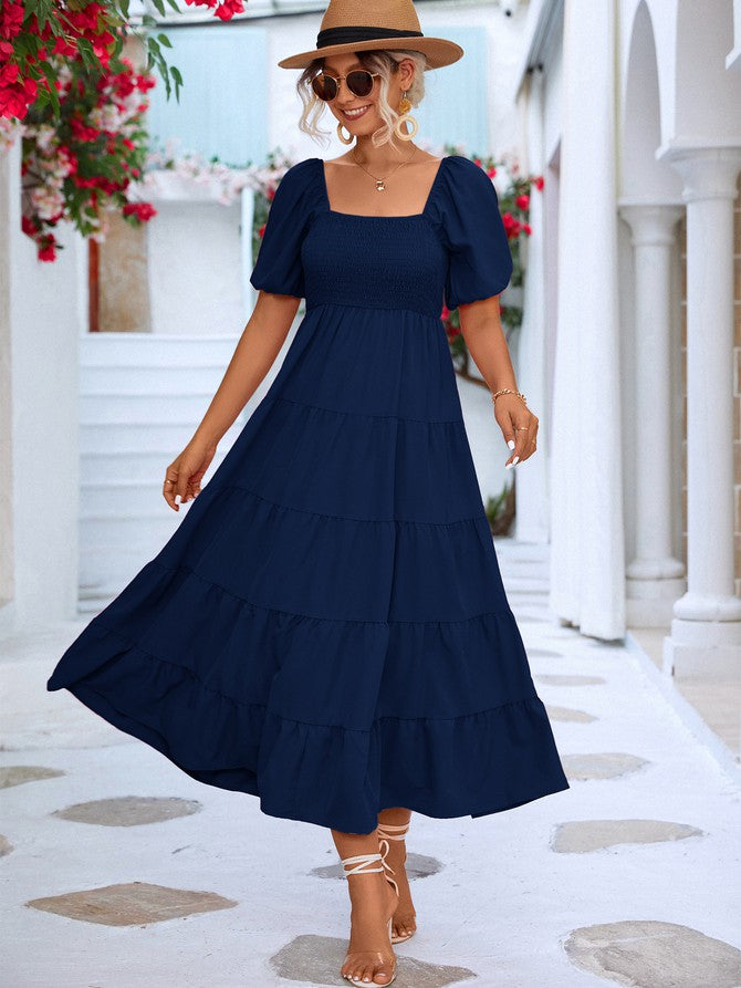 Women Short Sleeve A Line Smock Maxi Dress