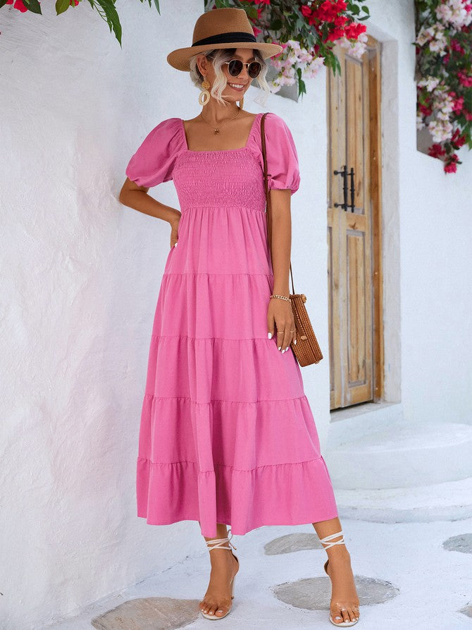 Black Women Short Sleeve A Line Smock Maxi Dress
