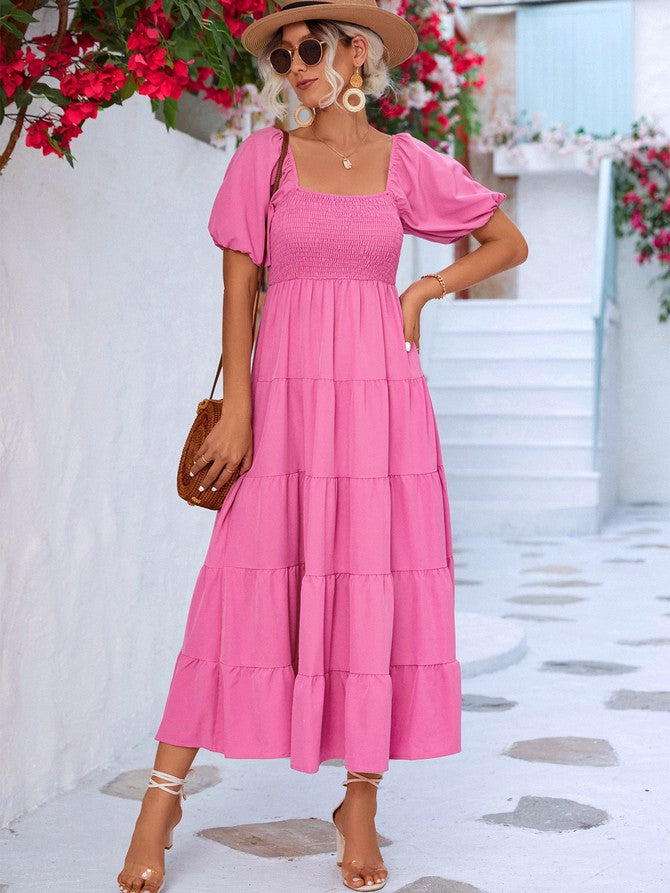 Black Women Short Sleeve A Line Smock Maxi Dress