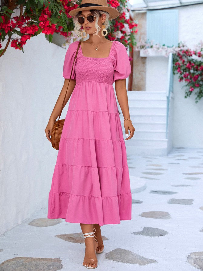 Black Women Short Sleeve A Line Smock Maxi Dress