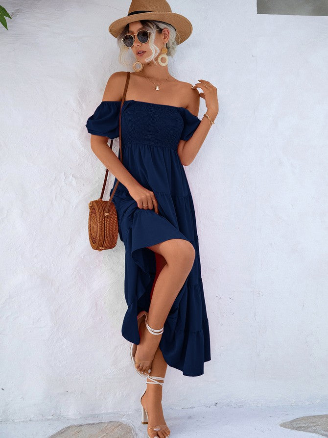 Women Short Sleeve A Line Smock Maxi Dress