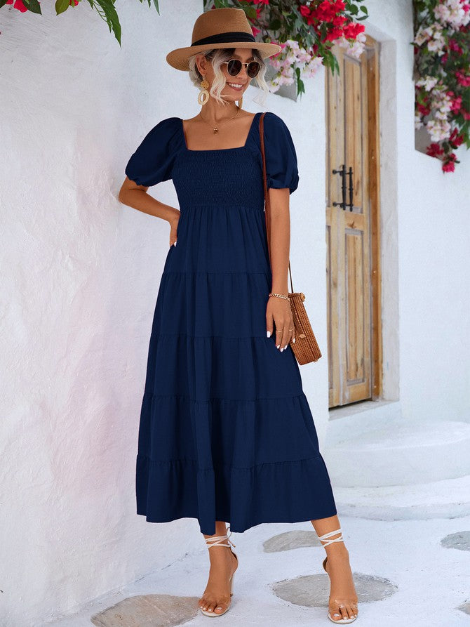 Women Short Sleeve A Line Smock Maxi Dress