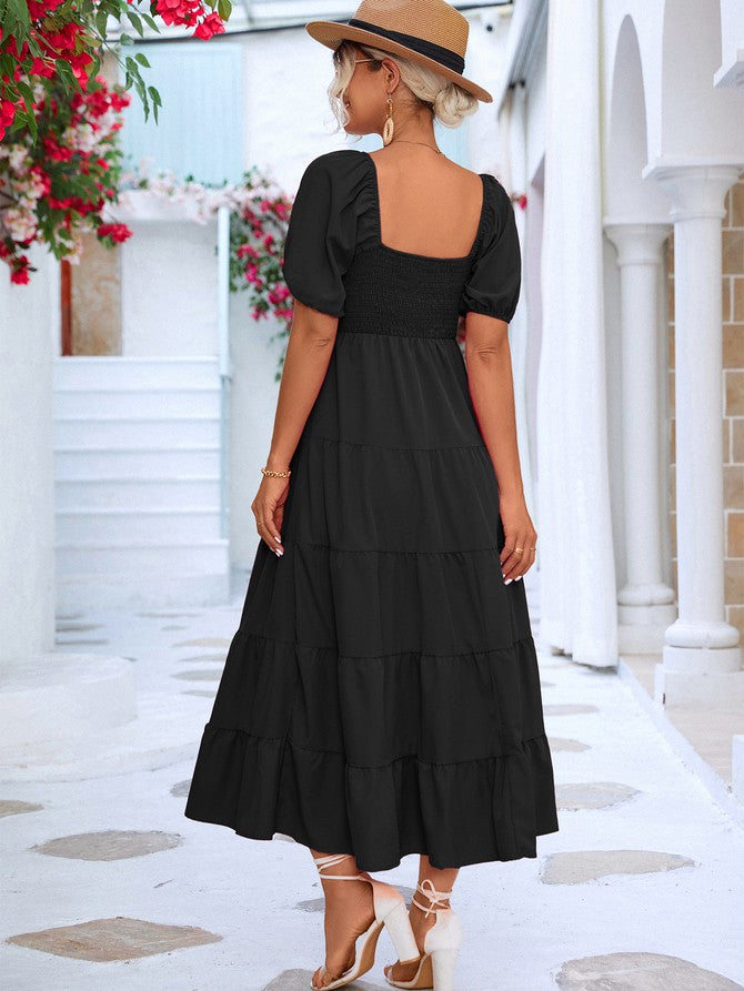 Women Short Sleeve A Line Smock Maxi Dress