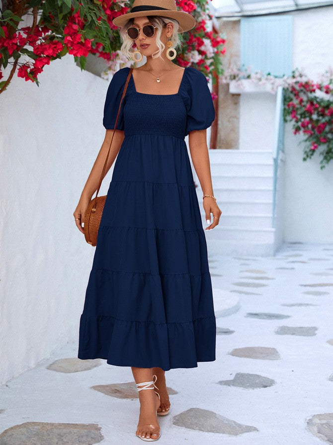 Women Short Sleeve A Line Smock Maxi Dress