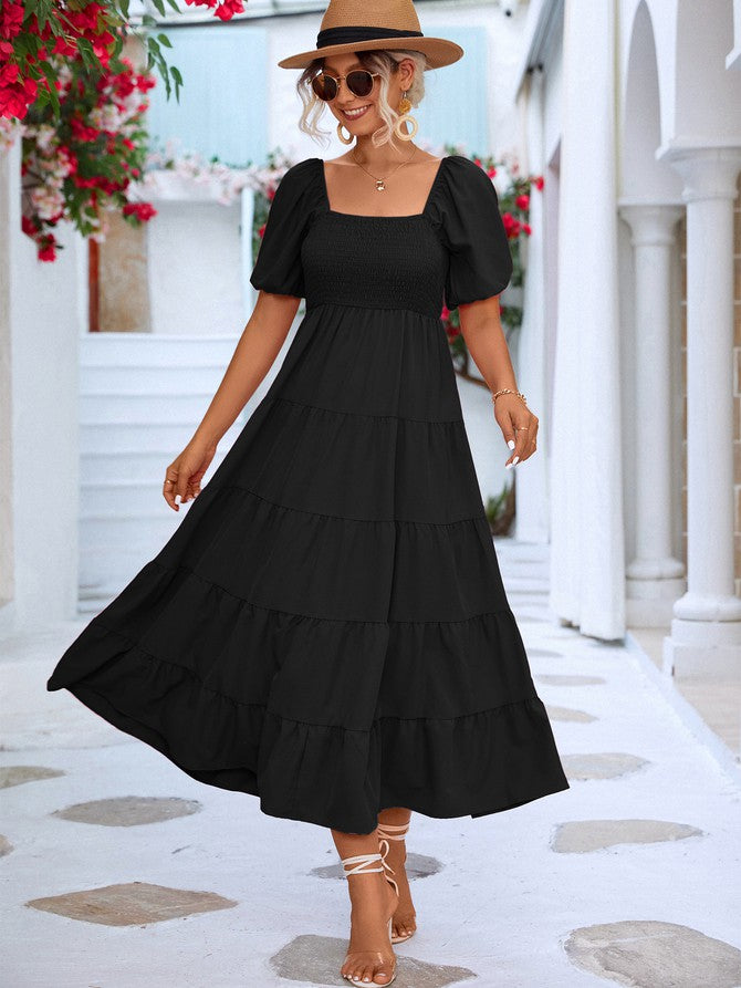 Women Short Sleeve A Line Smock Maxi Dress