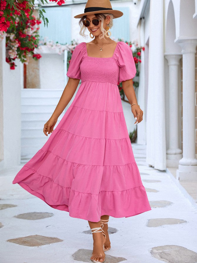 Pink Women Short Sleeve A Line Smock Maxi Dress