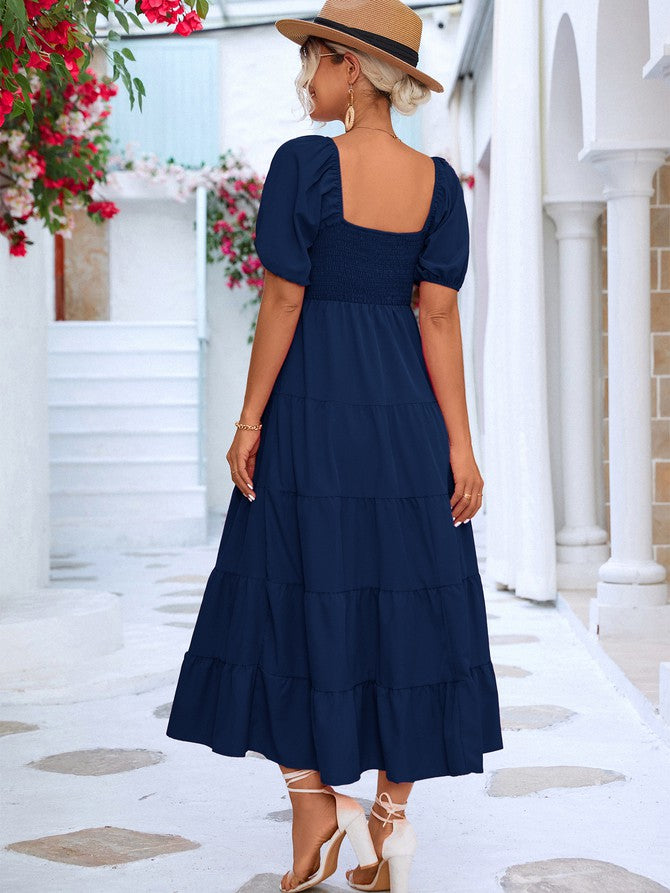 Women Short Sleeve A Line Smock Maxi Dress