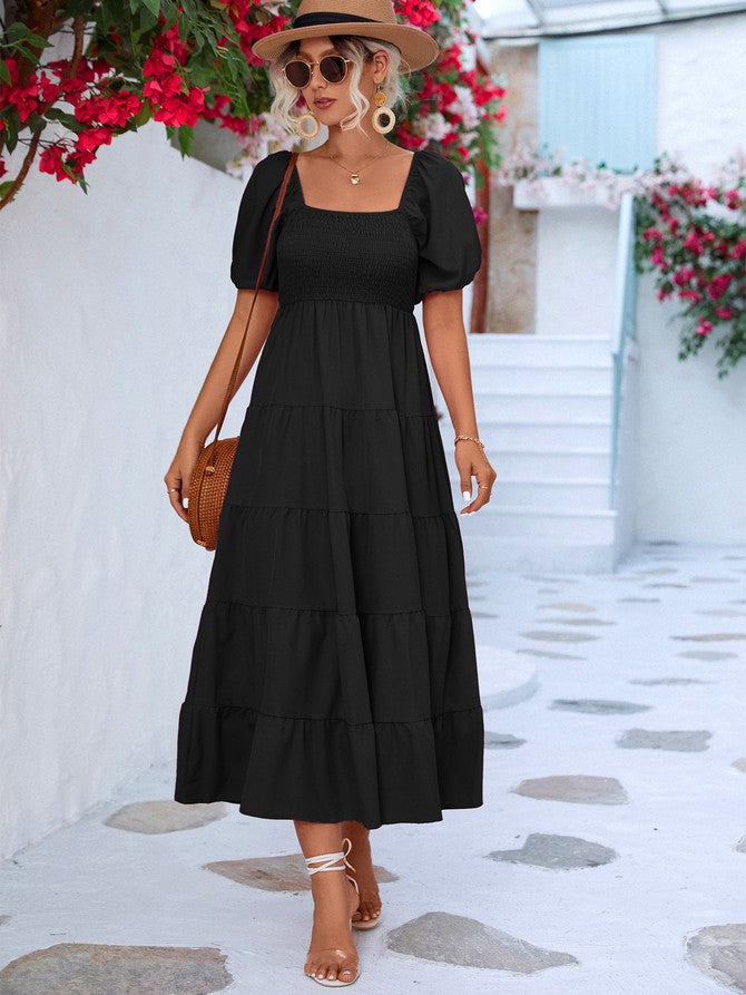 Women Short Sleeve A Line Smock Maxi Dress