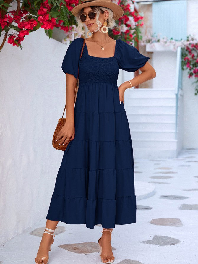 Women Short Sleeve A Line Smock Maxi Dress
