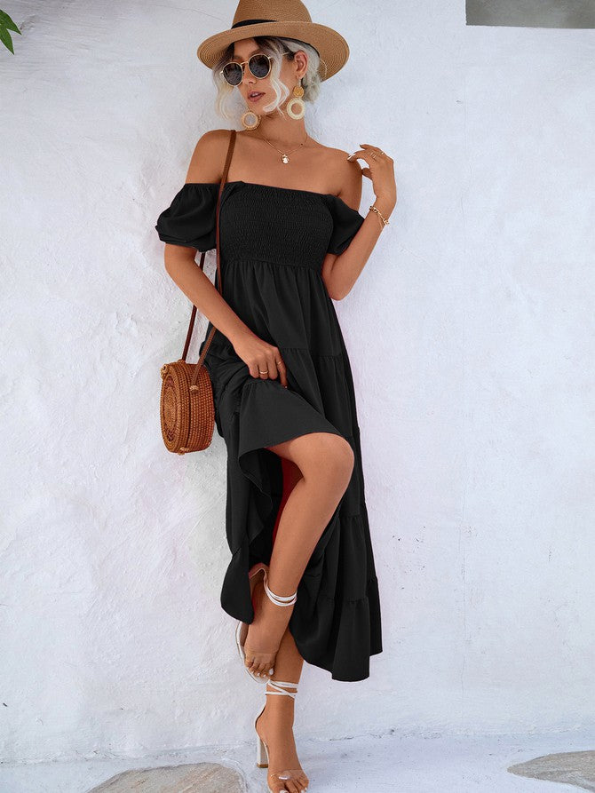 Women Short Sleeve A Line Smock Maxi Dress