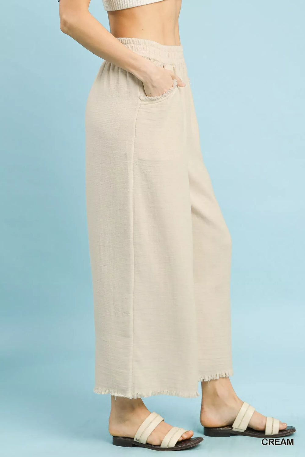 Cream Umgee Frayed Hem Wide Leg Pants 1