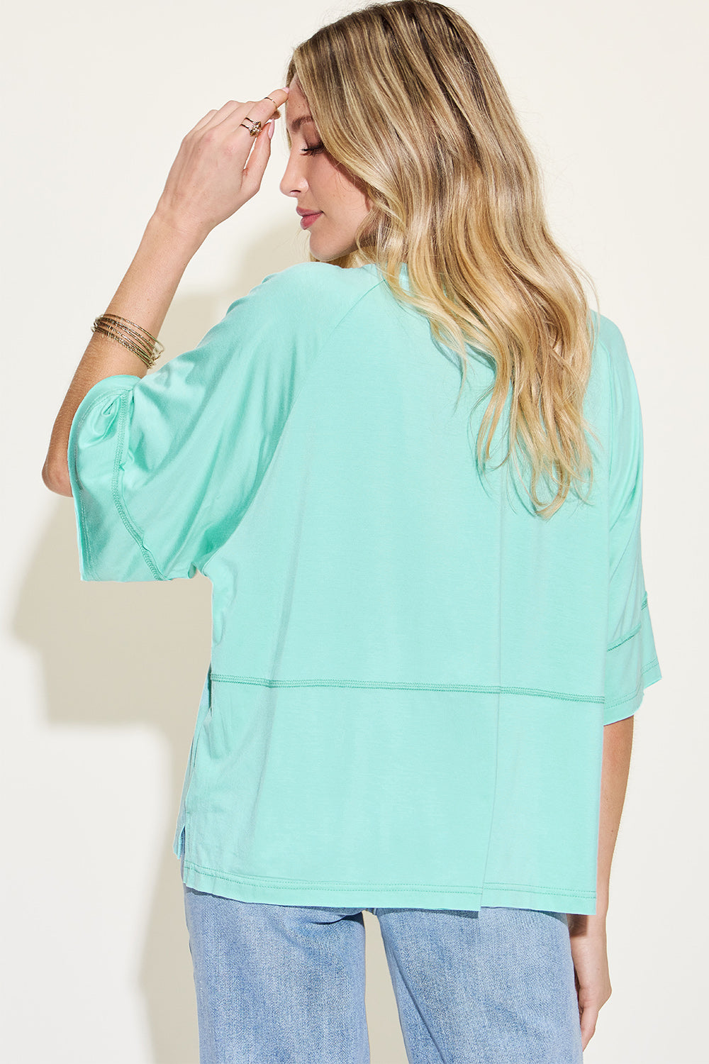Tiffany Blue Basic Bae Full Size Bamboo Round Neck Exposed Seam T Shirt