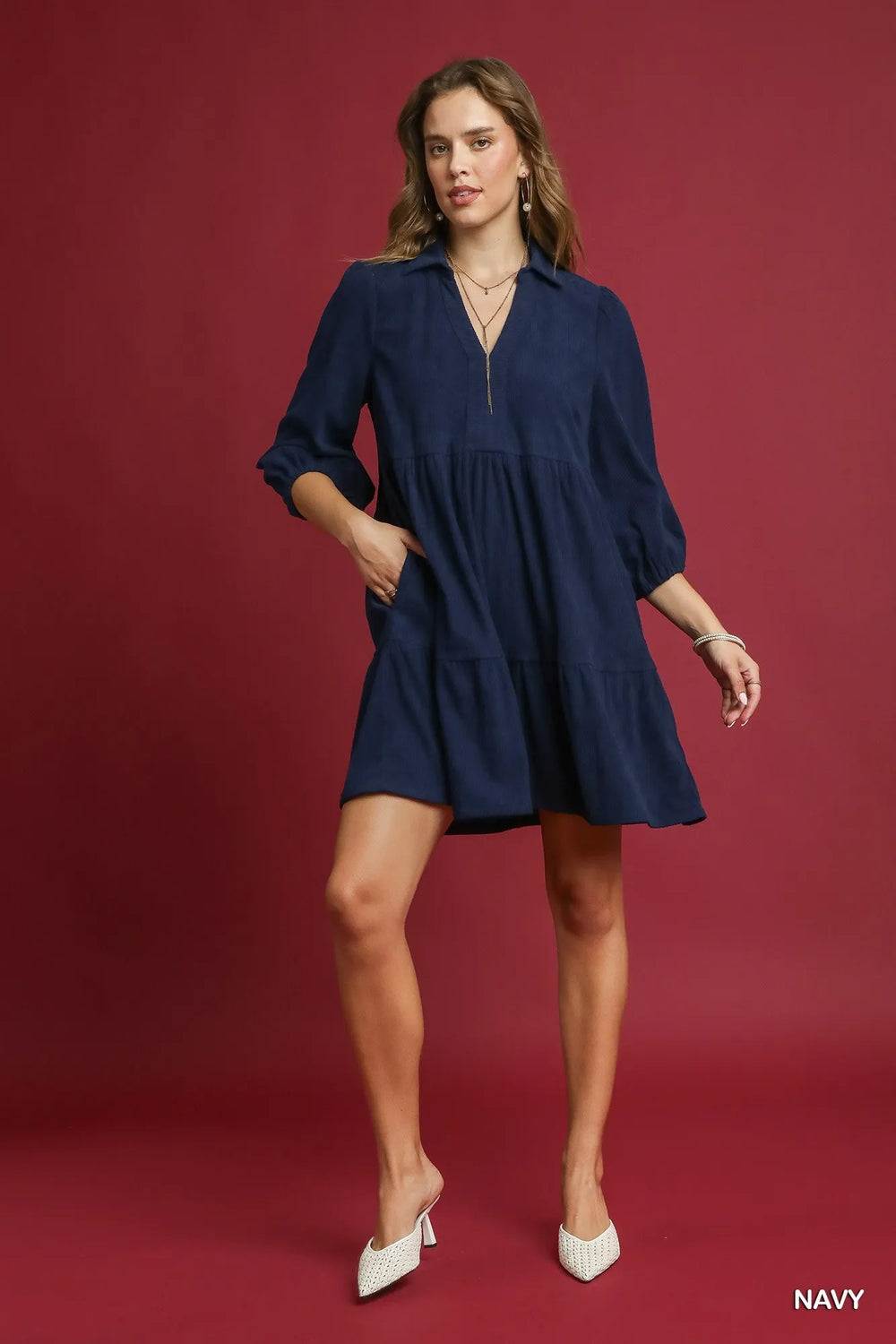 Navy Umgee Tiered Corduroy Mini Dress With Balloon Sleeves 1