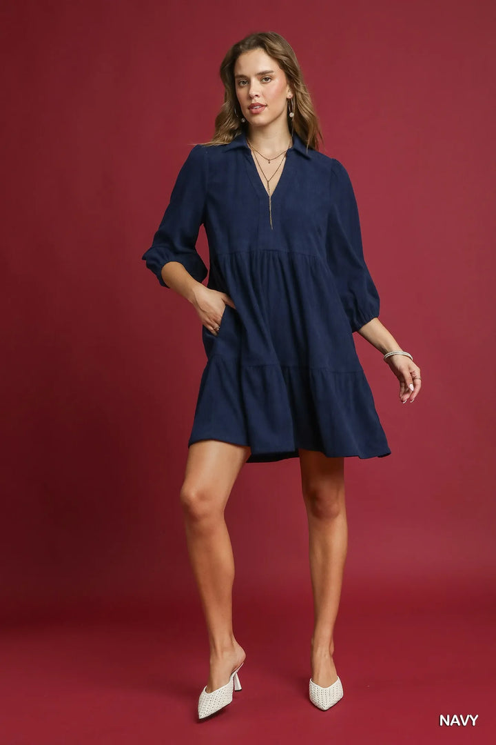 Navy Umgee Tiered Corduroy Mini Dress With Balloon Sleeves 1