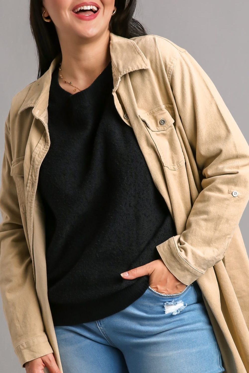 Black Umgee Full Size Round Neck Long Sleeve Sweater Plus Size