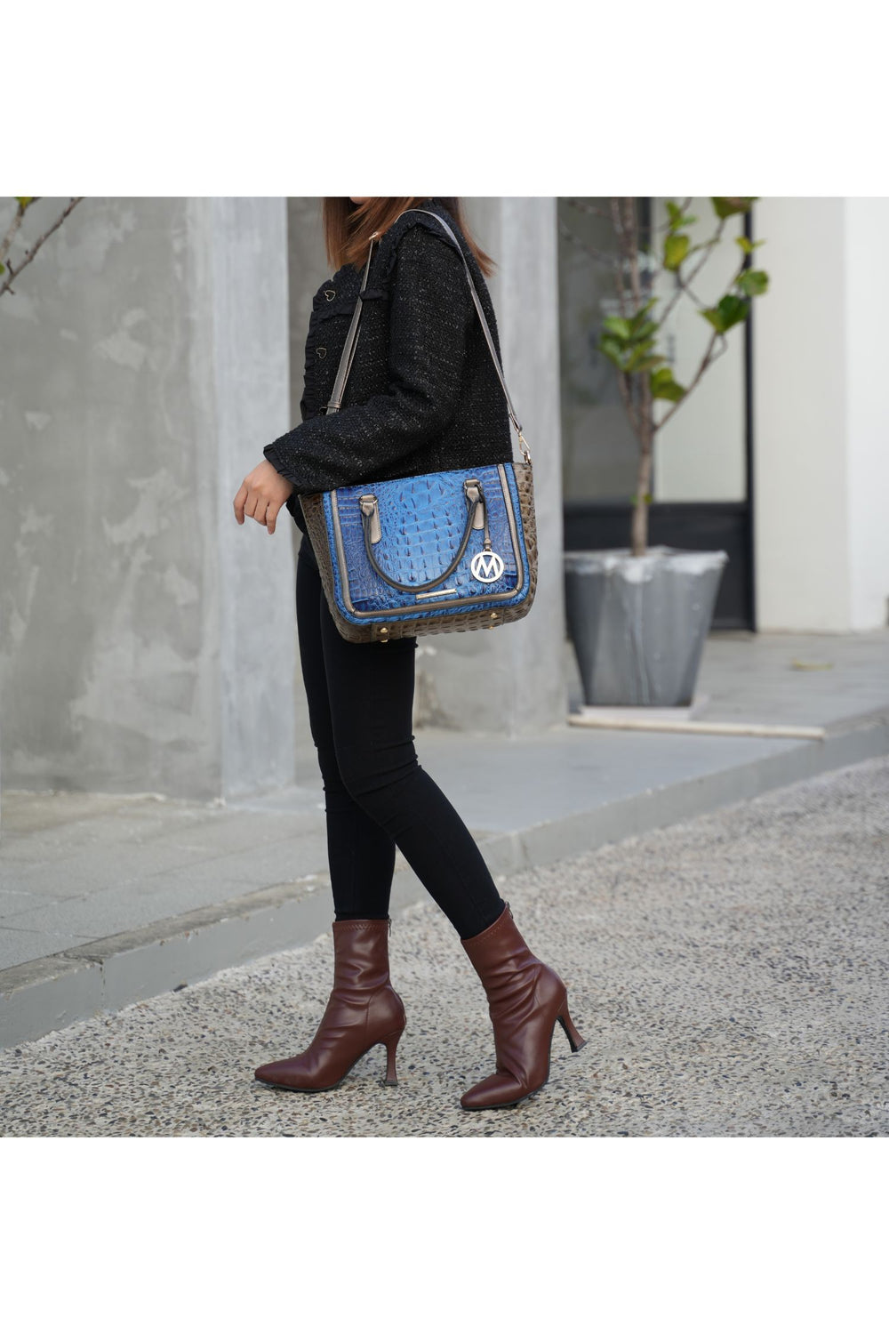 Navy Mkf Collection Faux Crocodile Embossed Satchel Bag