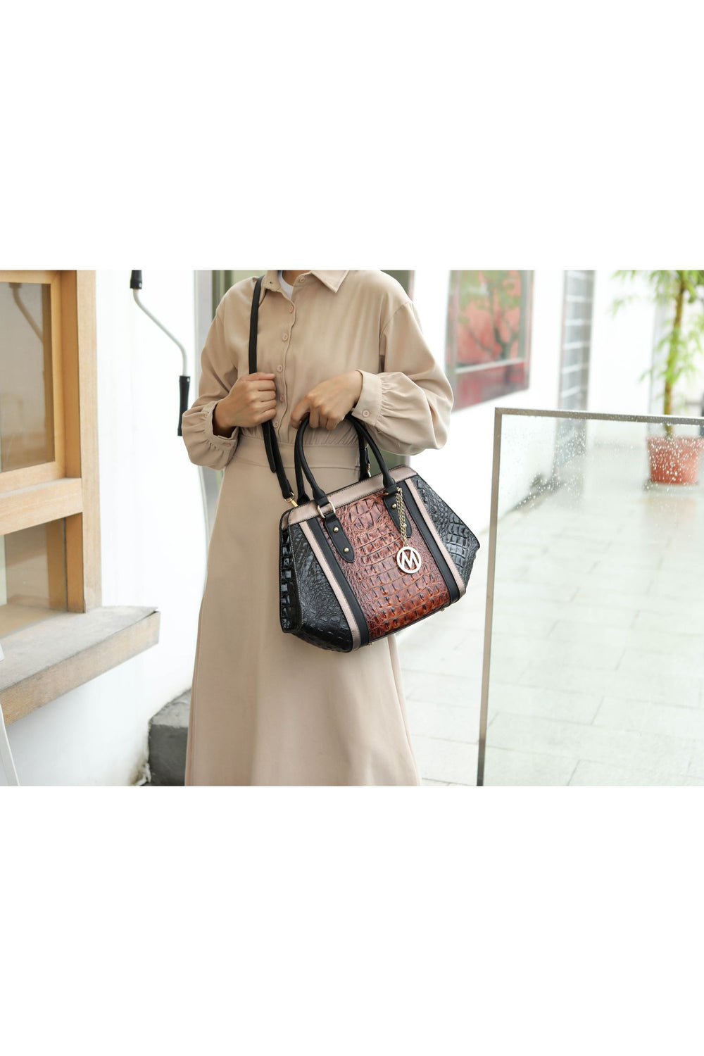 Cognac - Black Mkf Collection Daisy Croco Satchel Wallet By Mia