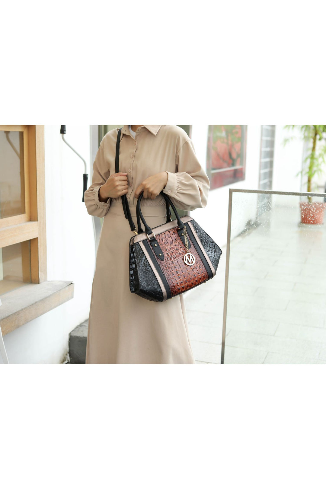 Cognac - Black Mkf Collection Daisy Croco Satchel Wallet By Mia