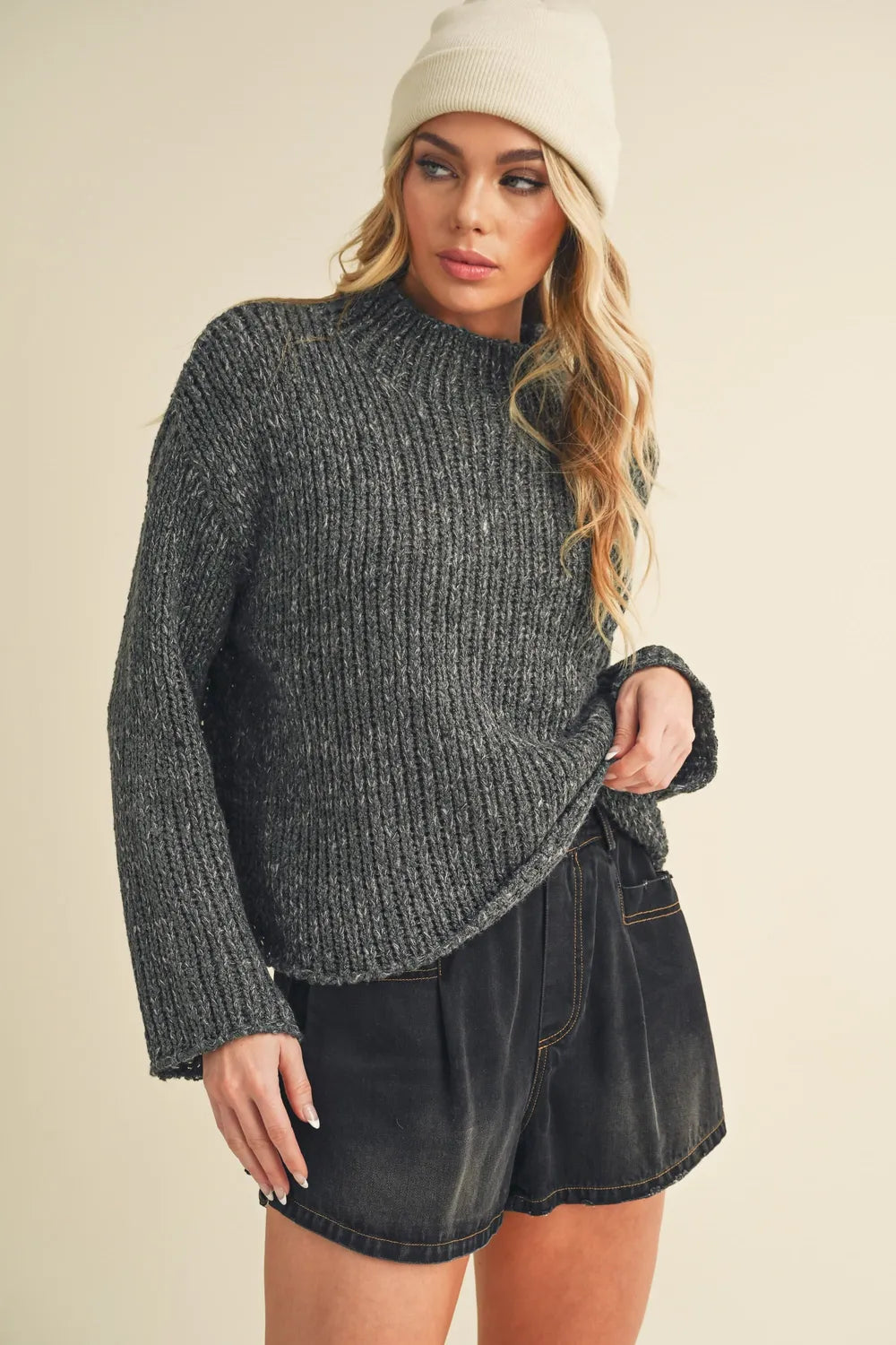 Dark Gray Aemi Co Mock Neck Long Sleeve Sweater
