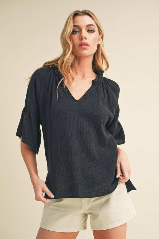 Black Aemi Co Side Slit Notched Ruffled Half Sleeve Blouse