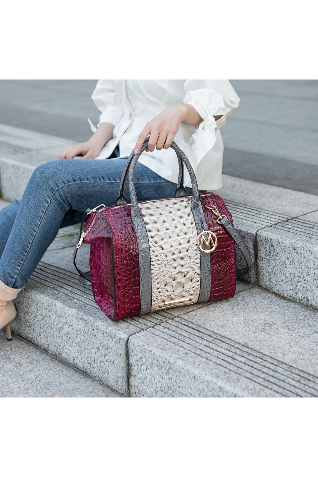 Beige Mkf Ember Faux Crocodile Embossed Satchel By Mia K