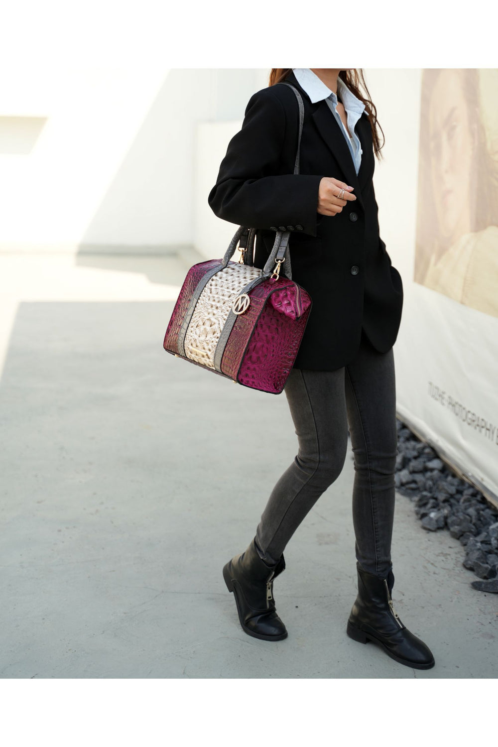 Black Mkf Ember Faux Crocodile Embossed Satchel By Mia K