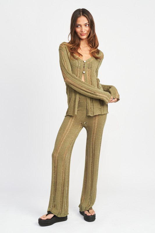 Olive Button Up Laddered Cardigan Top