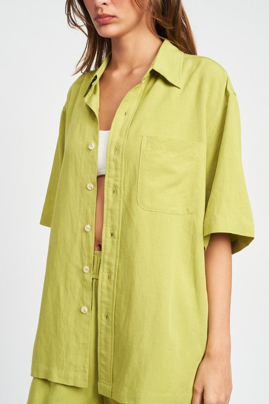 Lime Button Up Oversized Short Sleeve Shirt