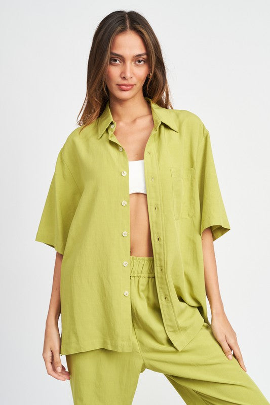 Lime Button Up Oversized Short Sleeve Shirt