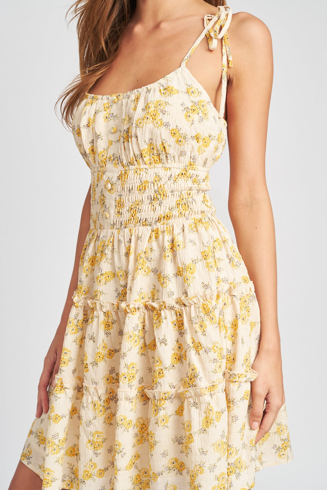 Lt Yellow Floral Spaghetti Strap Mini Dress With Smocked Waist