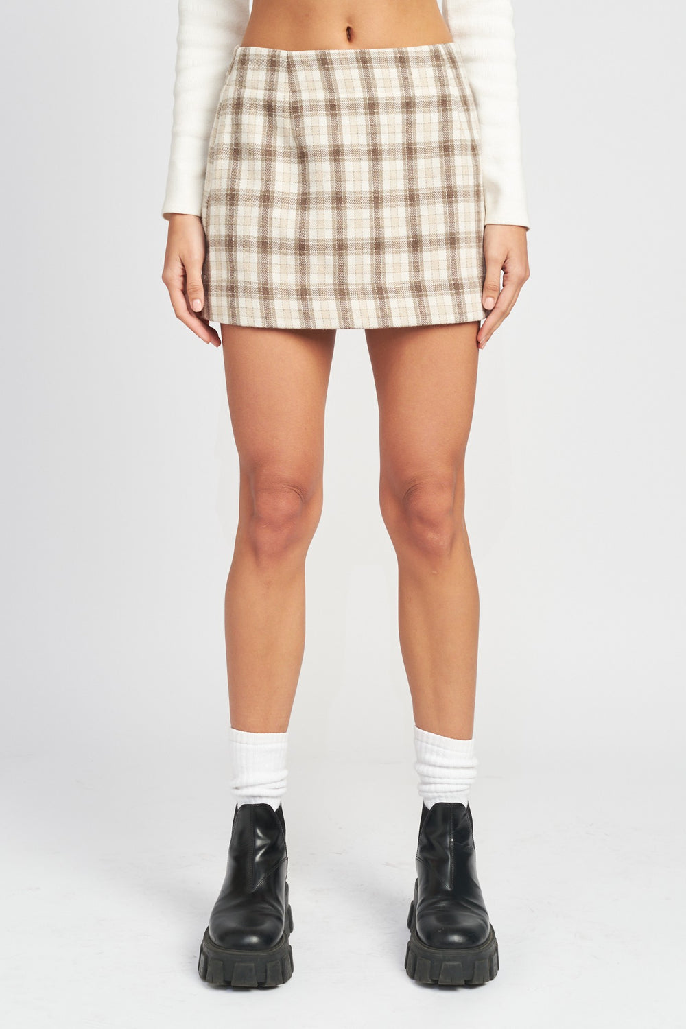Ivory Brown Flannel Square Printed Mini Skirt