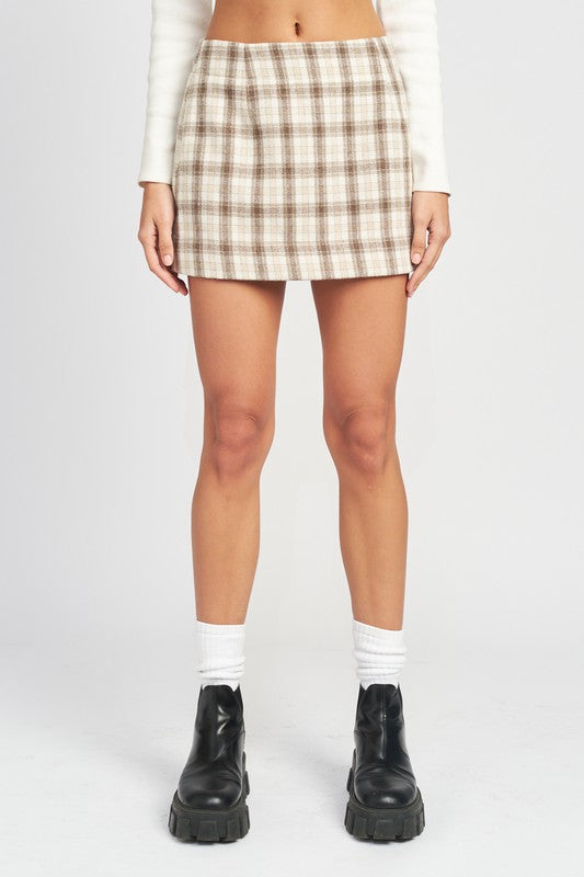 Ivory Brown Flannel Square Printed Mini Skirt