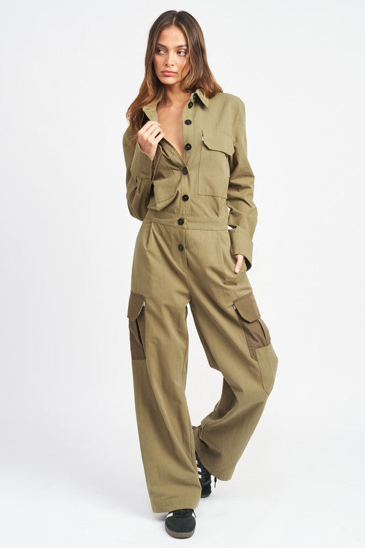 OLIVE Botton Down Cargo Jumpsuit