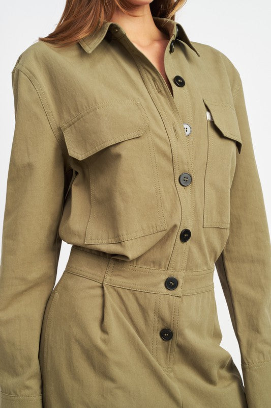 OLIVE Botton Down Cargo Jumpsuit