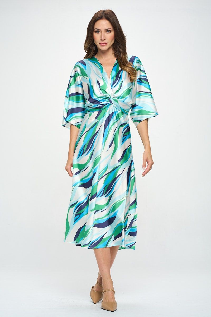 Blue Front Twist Multi Color Print Satin Dress | Anekay