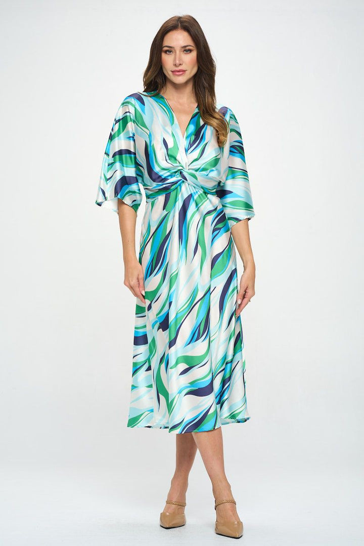 Blue Front Twist Multi Color Print Satin Dress | Anekay