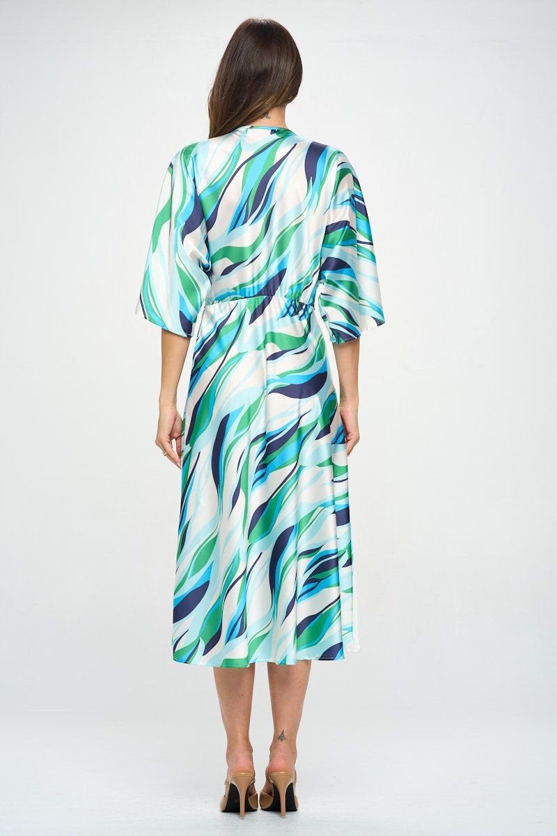 Front Twist Multi Color Print Satin Dress | Anekay