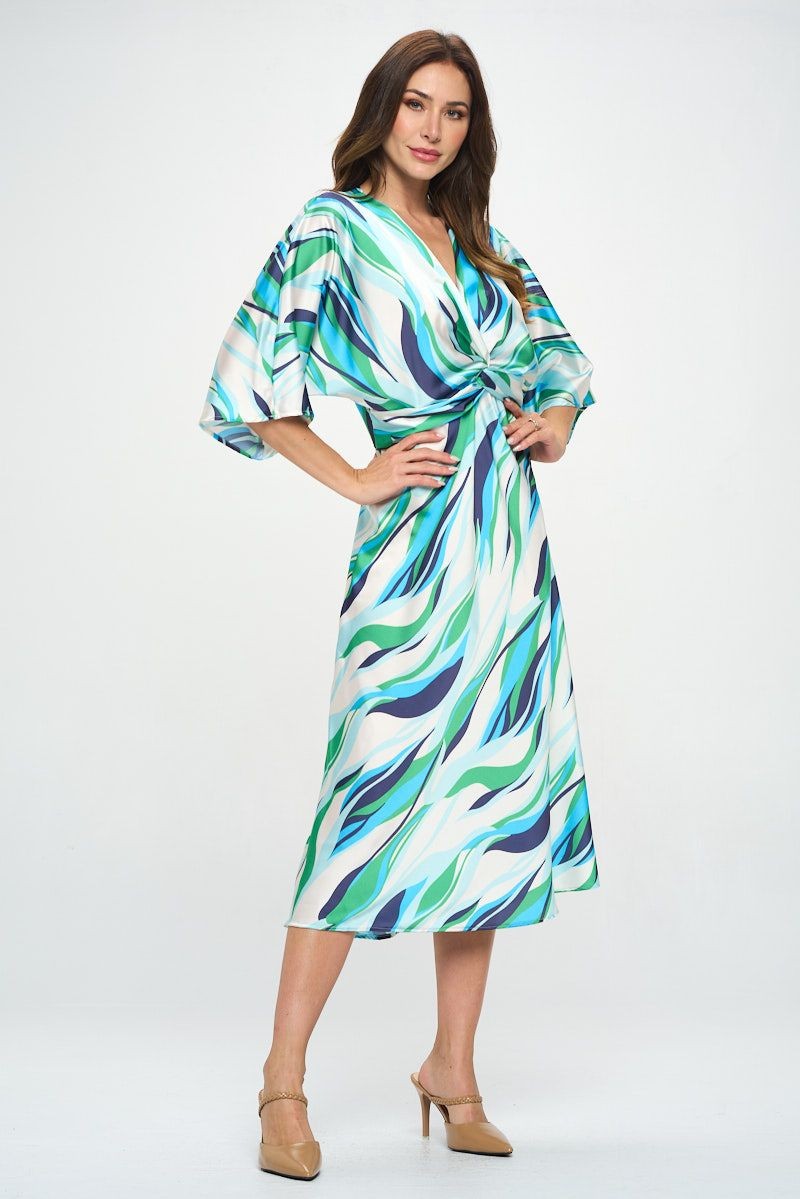 Front Twist Multi Color Print Satin Dress | Anekay
