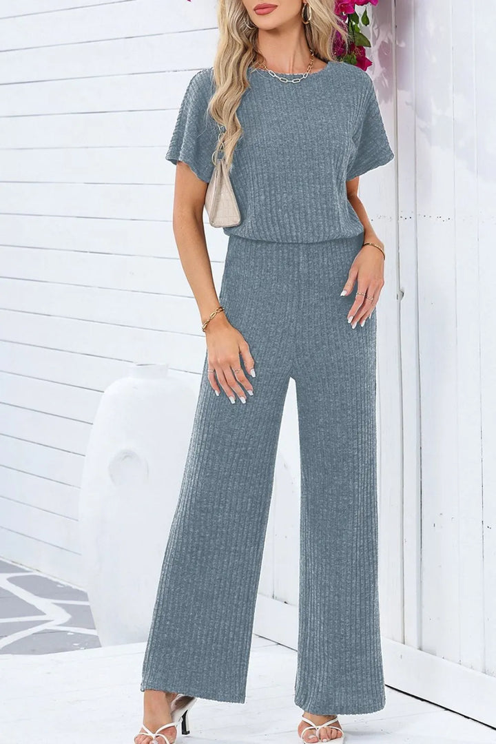 Dark Gray Ribbed Short Sleeve Wide Leg Jumpsuit