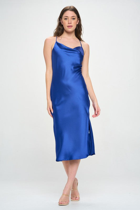 Royal Blue Satin Bias Slip Dress With Slit 3