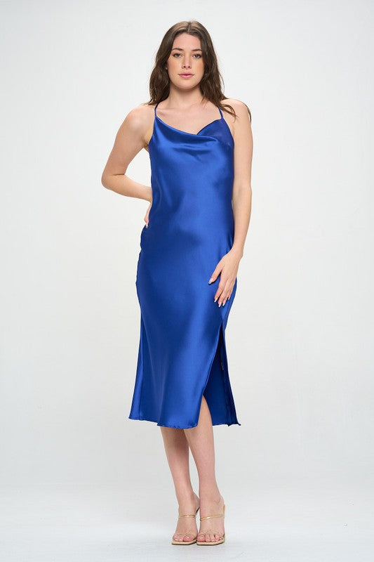 Royal Blue Satin Bias Slip Dress With Slit 3