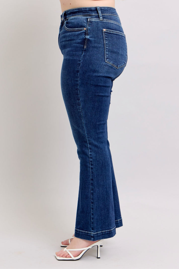 Dark Judy Blue Full Size High Rise Flare Jeans With Pockets Plus Size